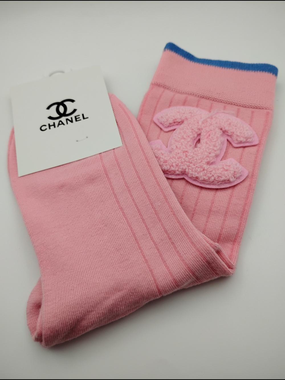 CHANEL Women's Pink Crew Socks with Blue Trim Authentic - Picture 1 of 3